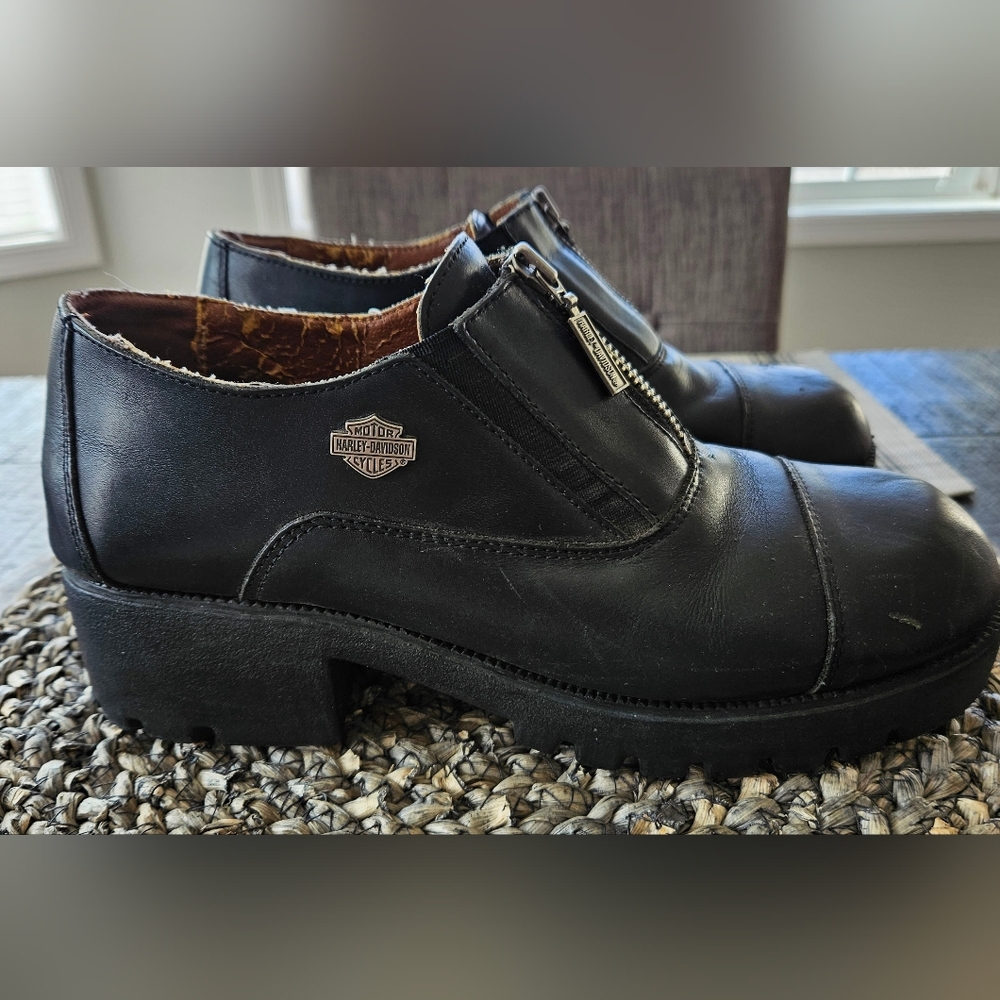 Harley Davidson Vintage Y2K Black Leather Zip Platform Shoes